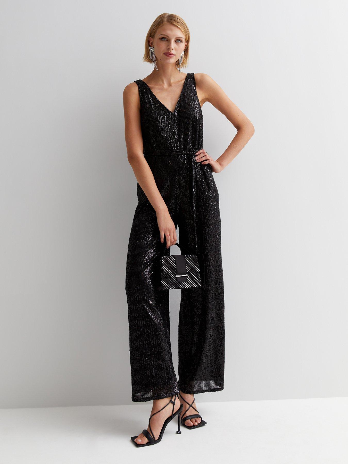 New Look Sequin Sleeveless Tie Waist Jumpsuit - Black 