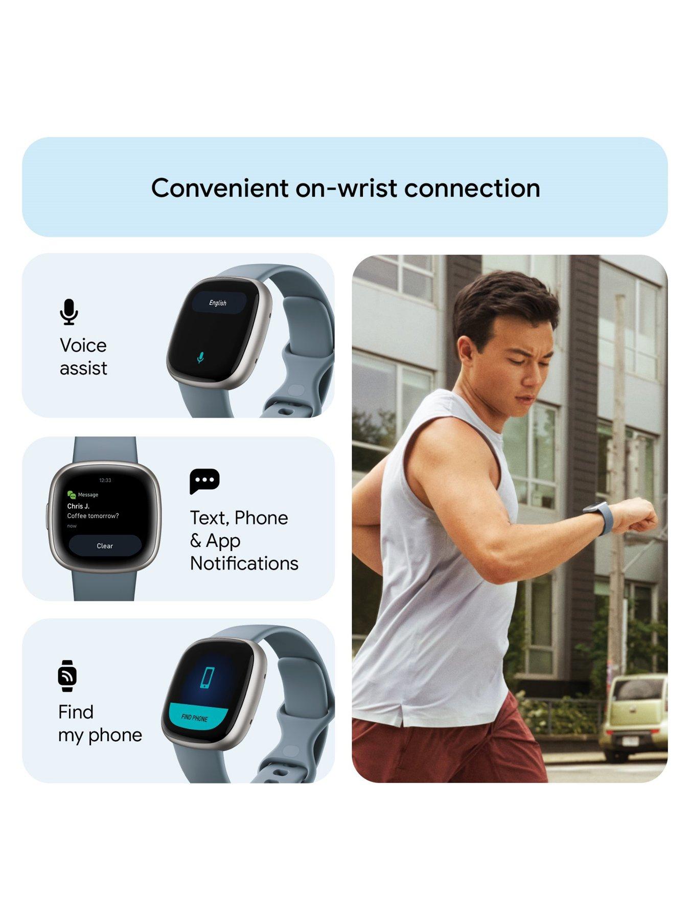 Versa 4 Fitness Smartwatch built in GPS 6 day battery life Android iOS compatible Waterfall Blue Platinum Aluminium