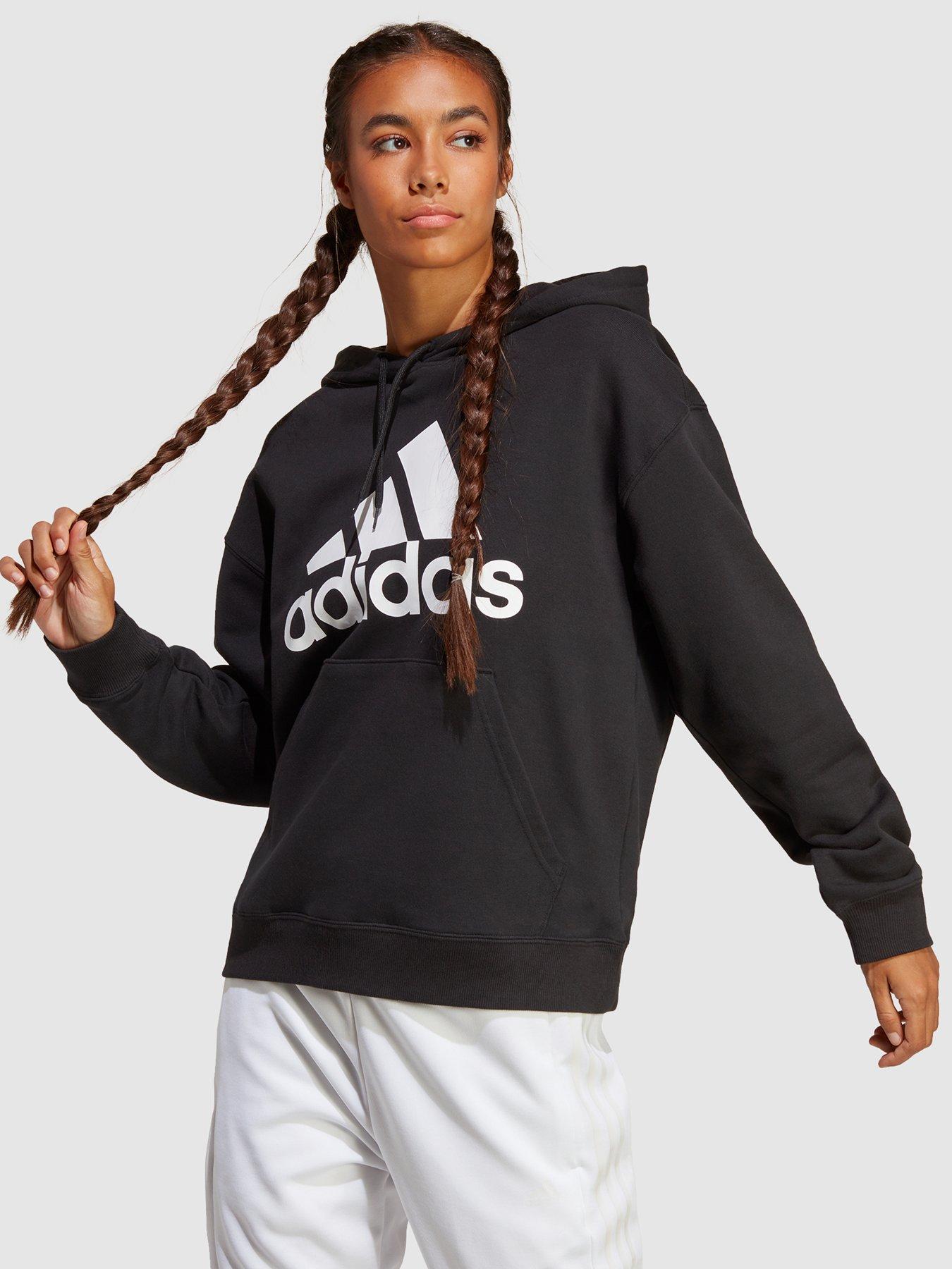 adidas Women's Essentials Linear Full Zip French Terry Hoodie, Black/White,  X-Small at  Women's Clothing store