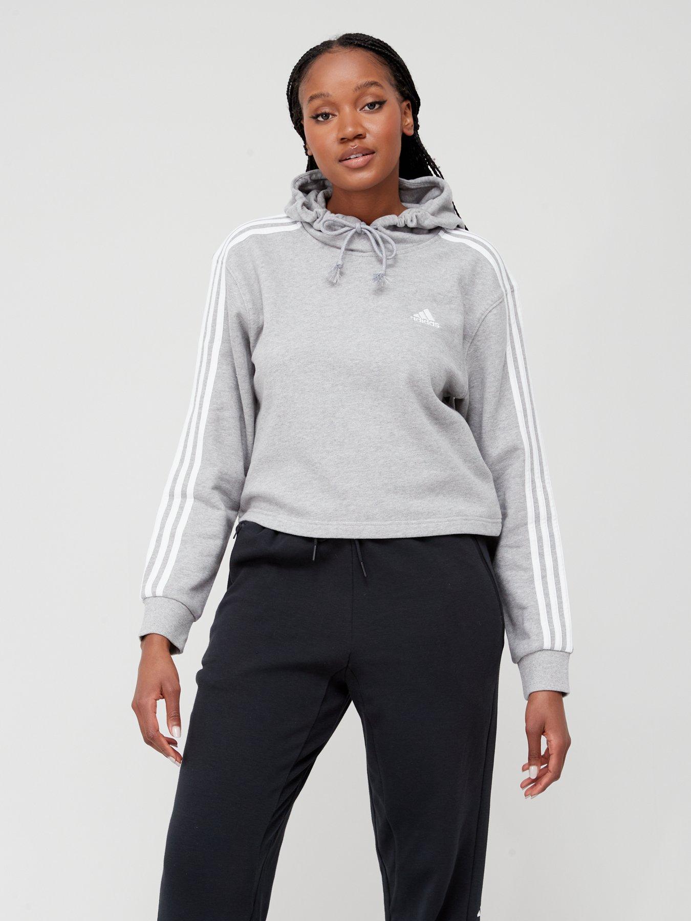 adidas Sportswear Essentials 3 stripes French Terry Crop Hoodie Grey White