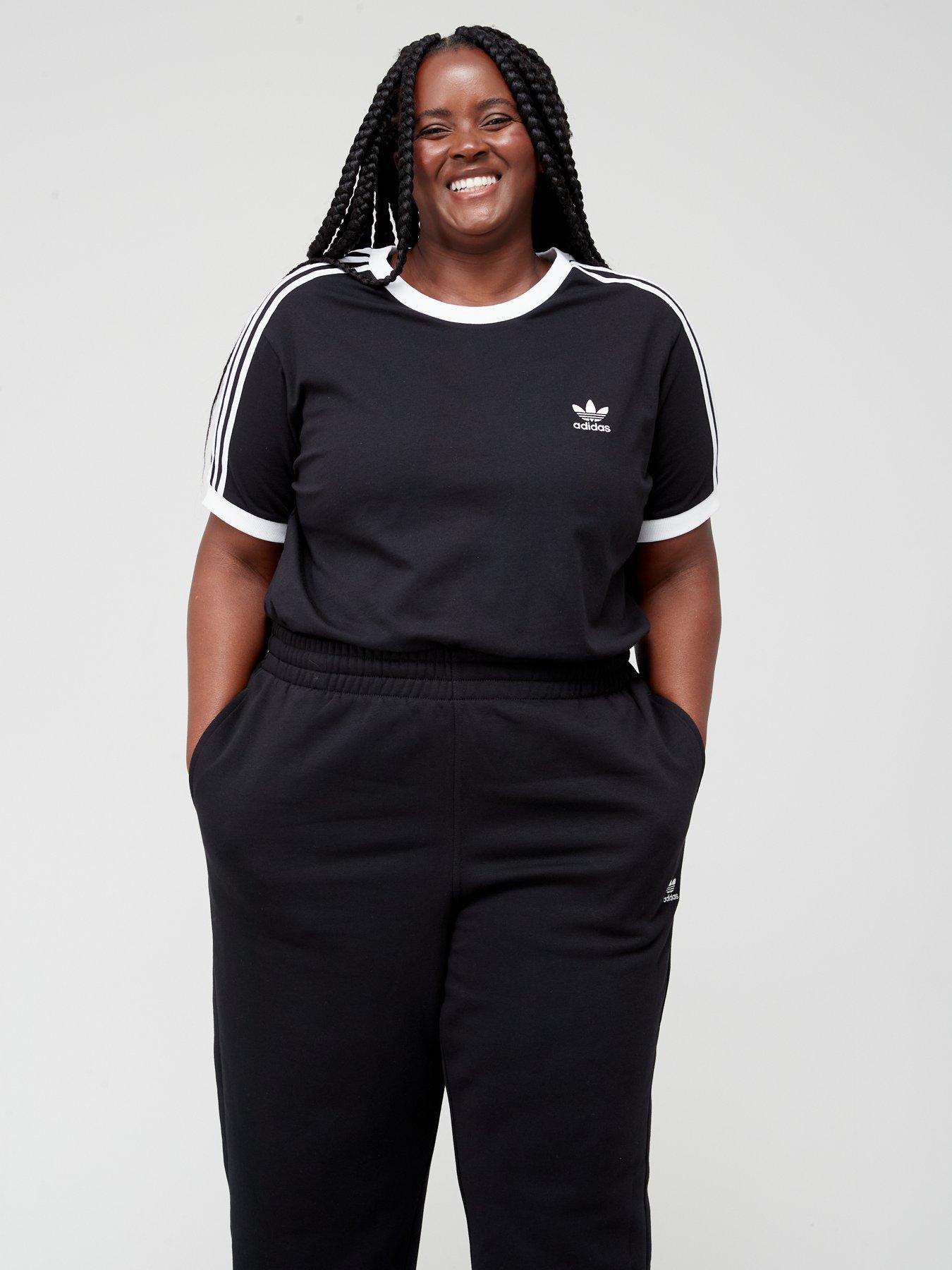 adidas Originals Women's Originals Adicolor 3 Stripe T-Shirt - Plus Size -  Black | very.co.uk