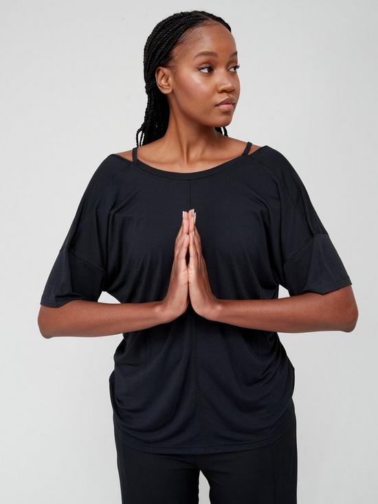 front image of adidas-womens-yoga-t-shirt--black