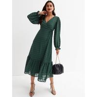 New Look Dark Green Check Seersucker Tiered Midi Wrap Dress | very.co.uk