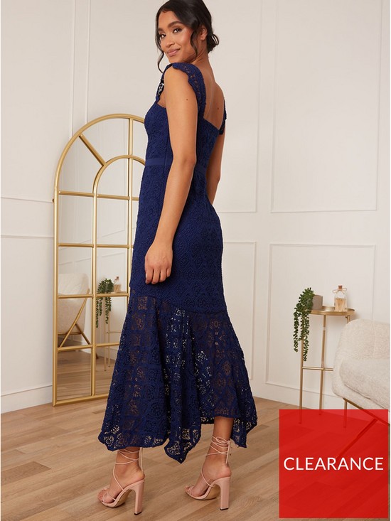 stillFront image of chi-chi-london-sweetheart-neckline-lace-midi-dress-in-navy