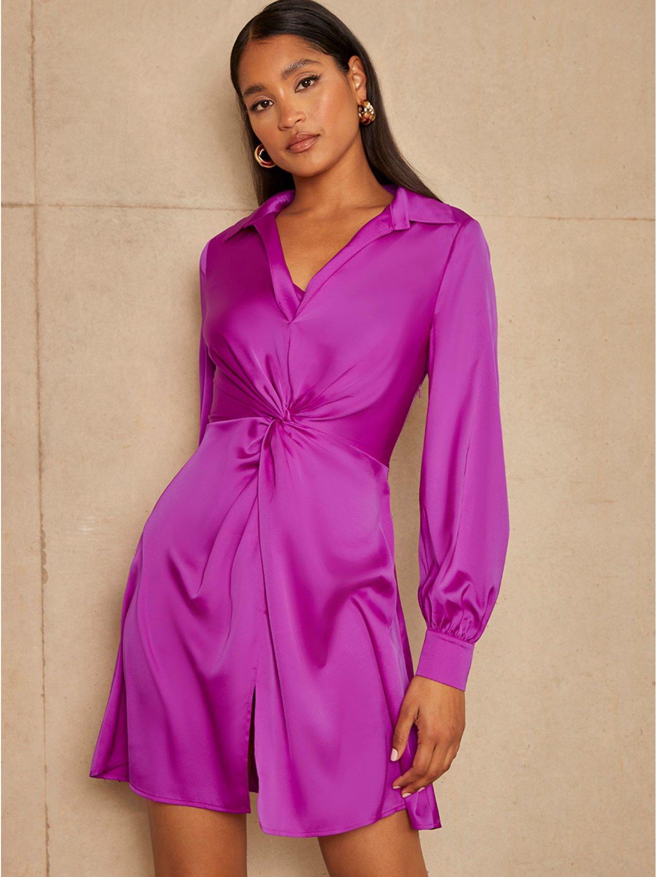 Chi Chi London Long Sleeve Plunge Twist Detail Midi Dress In Purple