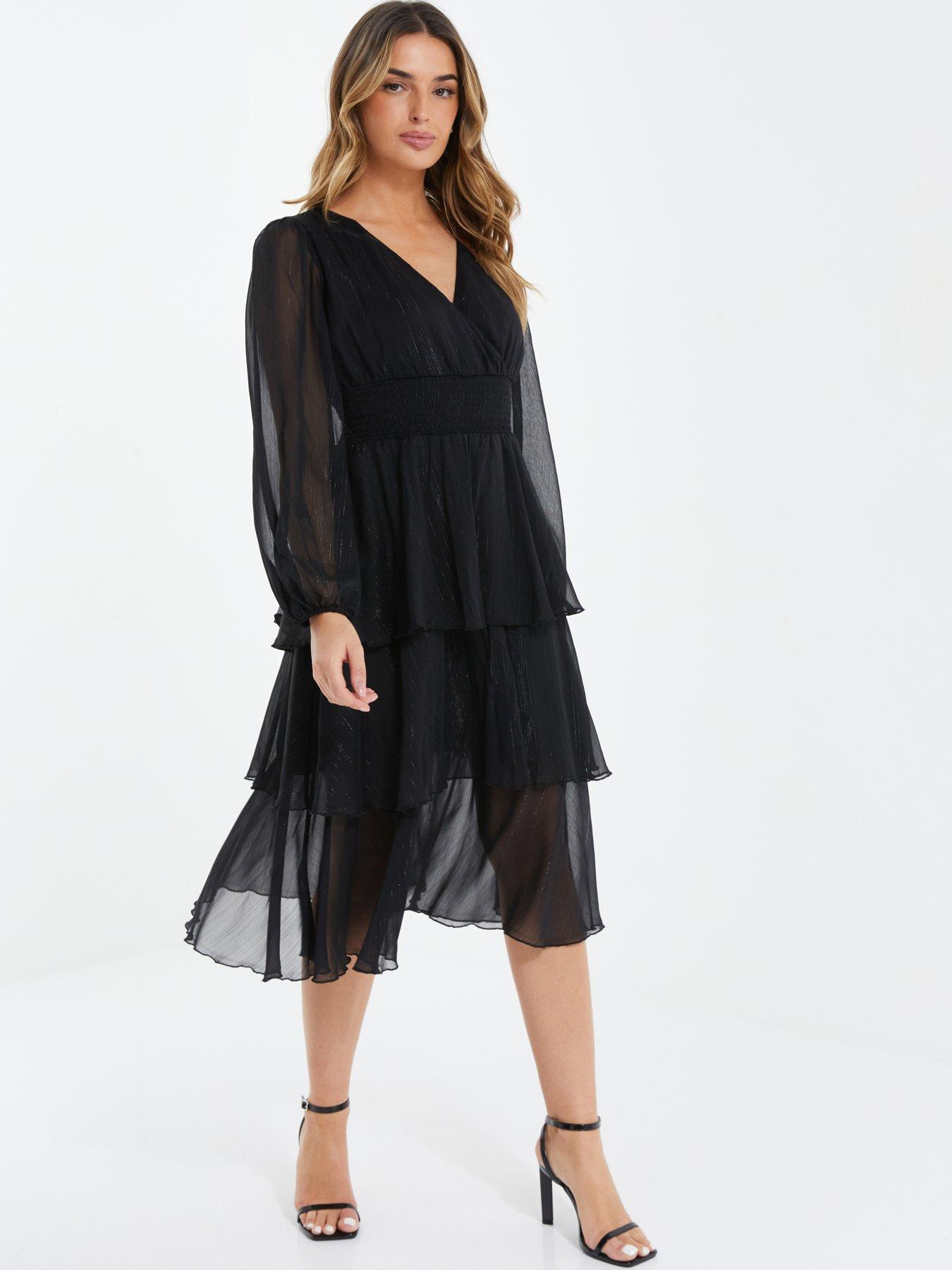 Quiz Black Shimmer Chiffon Tiered Long Sleeve Midi Dress