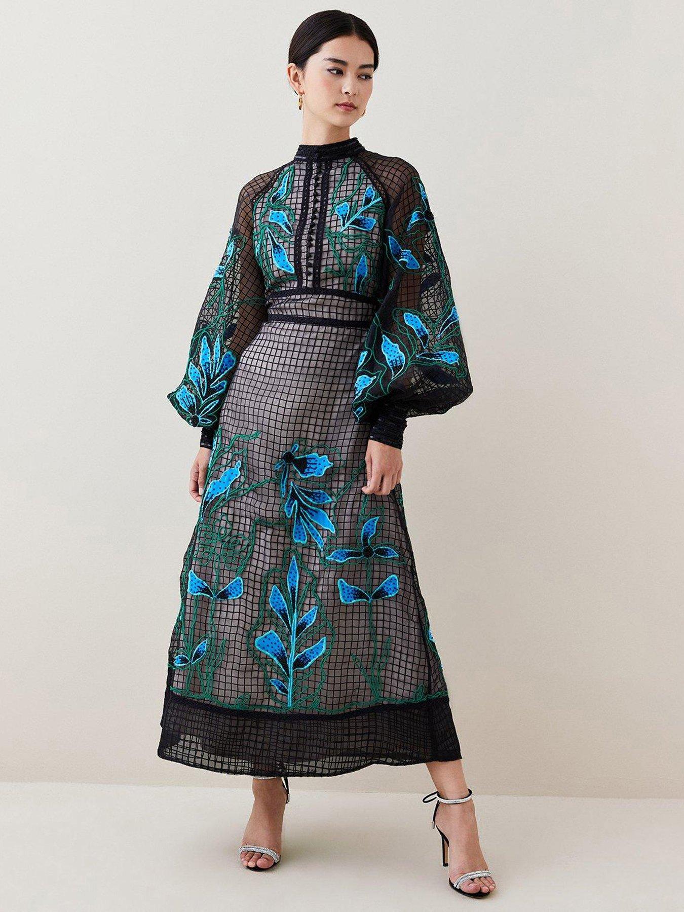 Karen Millen Geo And Floral Applique Organdie Maxi Dress | very.co.uk