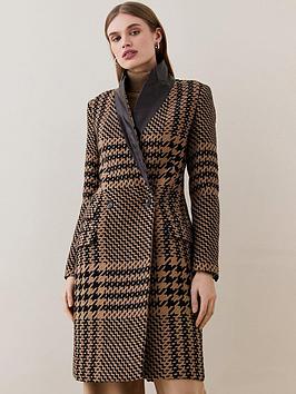 Karen Millen Houndstooth Faux Leather Trim Double Breasted Coat - Multi , Multi, Size 10, Women