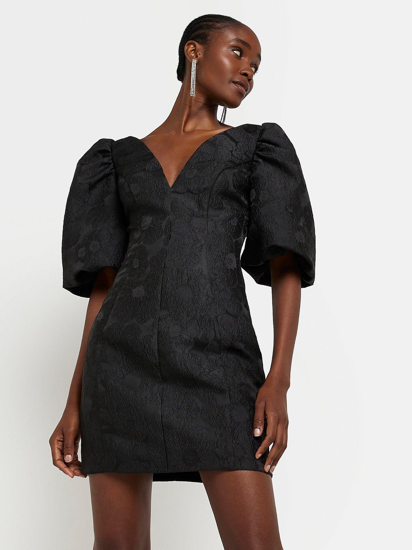 Jacquard Puff Sleeve Mini Dress Black