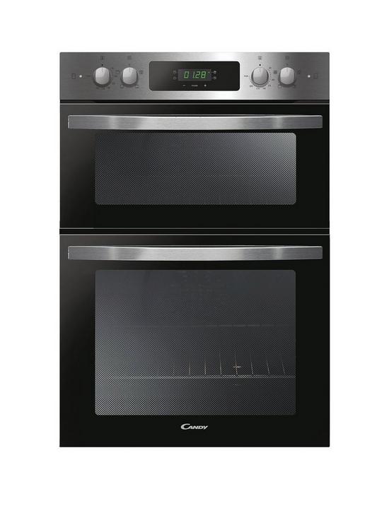 front image of candy-fci9d405x-built-in-double-oven-with-easy-clean-enamel-black-glass-with-stainless-steel