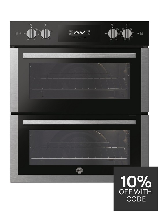 front image of hoover-h-oven-300-ho7dc3un308bi-double-oven-with-hydro-easy-clean-black-glass-with-stainless-steel