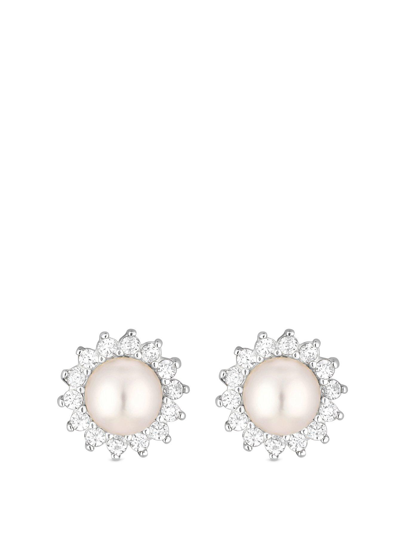 Product photograph of Simply Silver Sterling Silver 925 Freshwater Pearl And Cubic Zirconia Halo Stud Earrings from very.co.uk