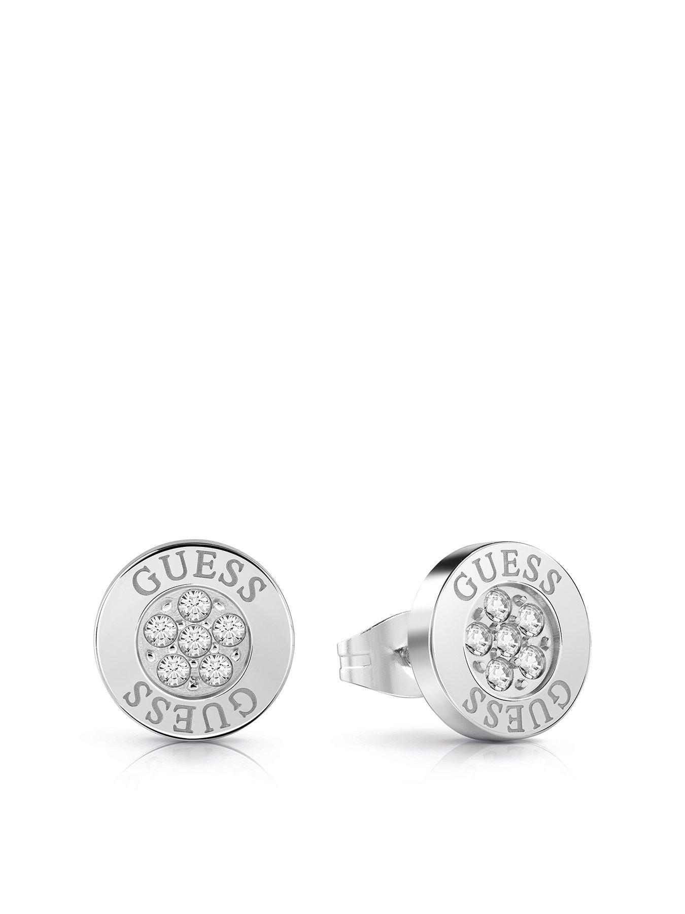 Product photograph of Guess Studs Party 10mm Guess Logo Button Stud Earrings Silver from very.co.uk