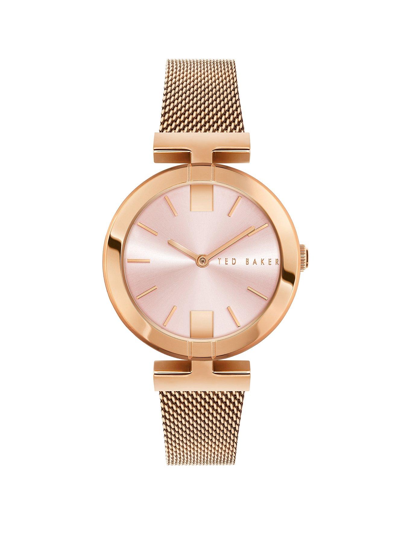 Product photograph of Ted Baker Darbey Stainless Steel Rose-gold Case Pink Sunray Dial Stainless Steel Rose-gold Mesh Band from very.co.uk