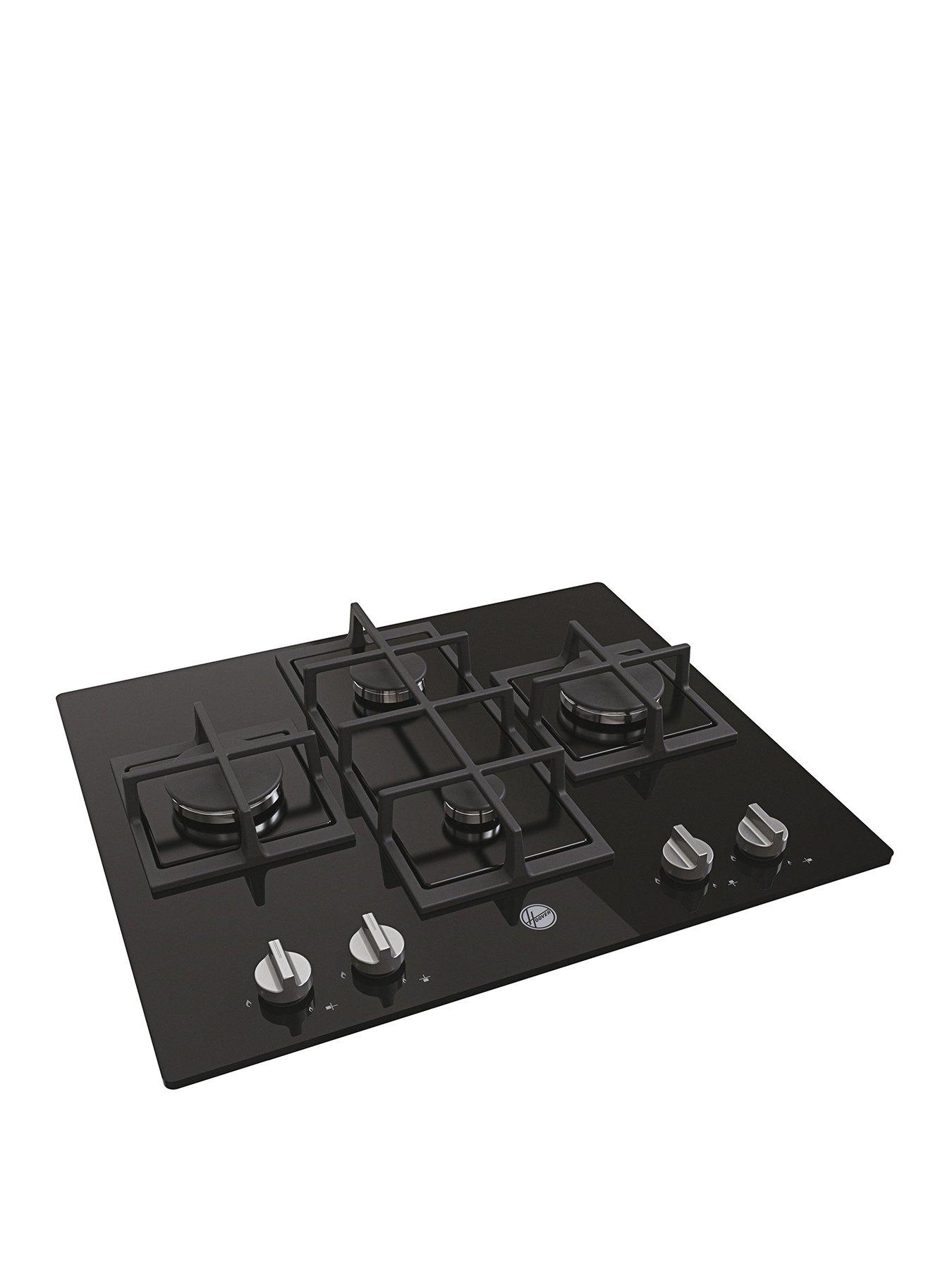 Product photograph of Hoover Hvg6dk3b 60cm 4 Burner Gas Hob With Cast Iron Pan Supports - Black Glass - Hob Only from very.co.uk