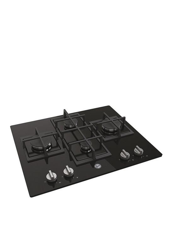 front image of hoover-hvg6dk3b-60cm-4-burner-gas-hob-with-cast-iron-pan-supports-black-glass