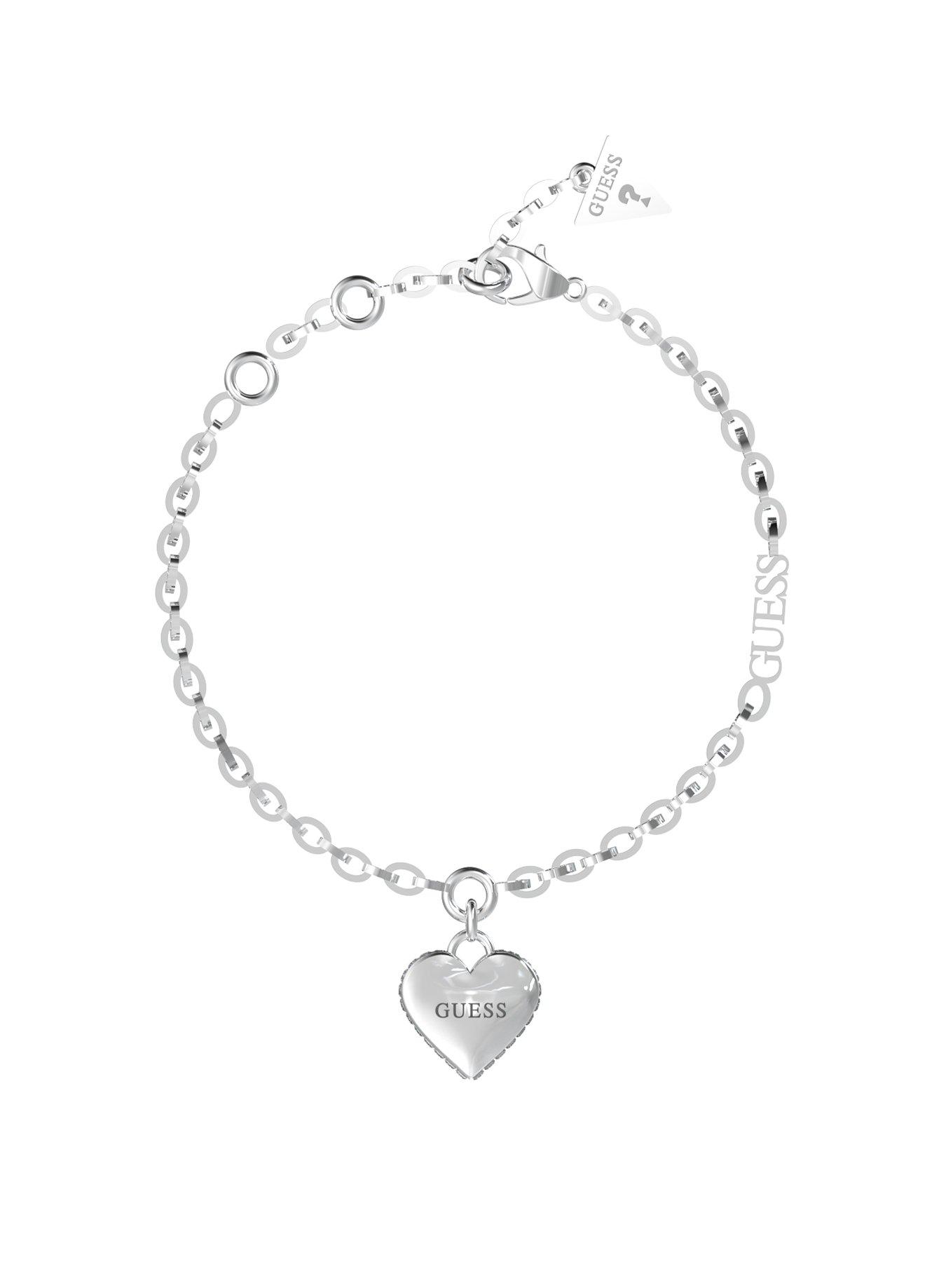 Product photograph of Guess Falling In Love Fine Chain Amp 14mm Heart Silver Bracelet from very.co.uk