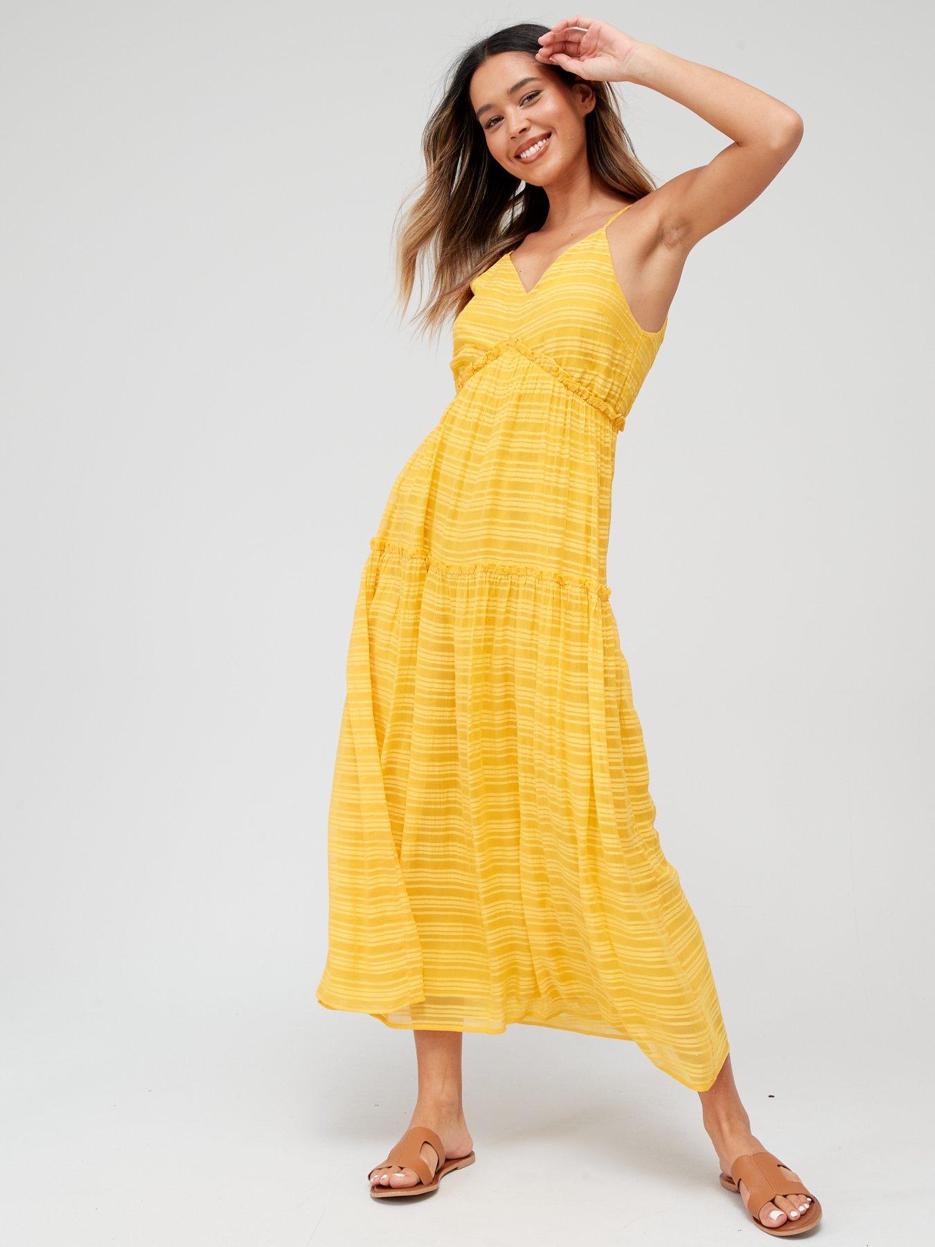 V by Very Sheer Stripe Frill Detail Beach Midi Dress Yellow