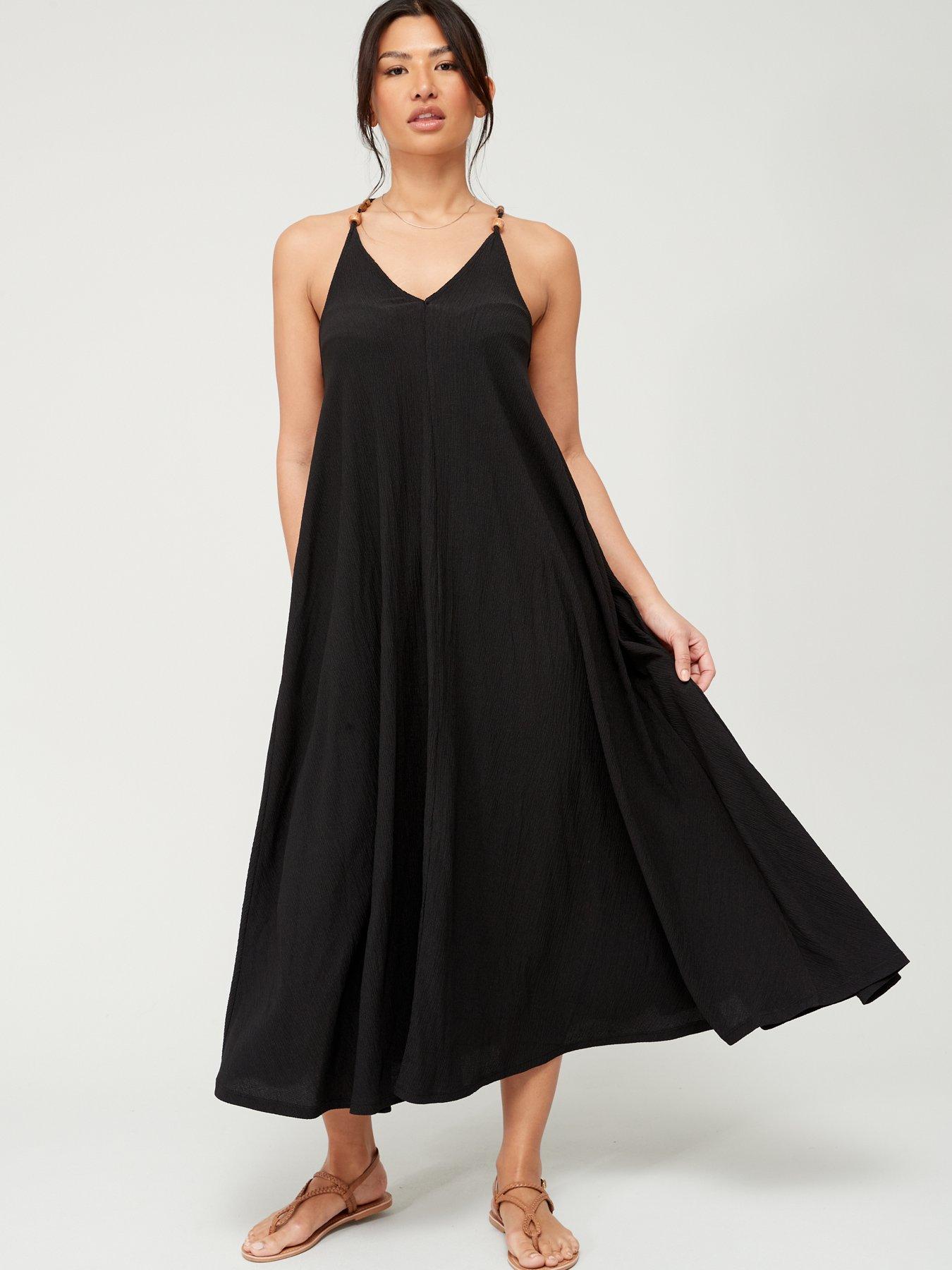 Crinkle Beaded Strap Midaxi Swing Dress Black