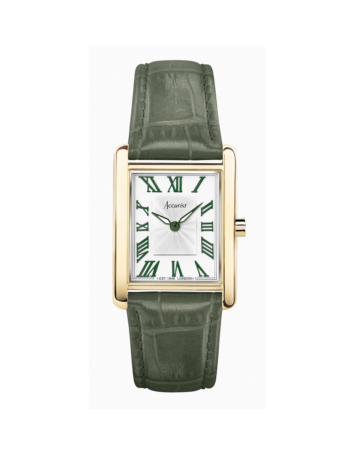Product photograph of Accurist Rectangle Womens Green Leather Strap Analogue Watch from very.co.uk