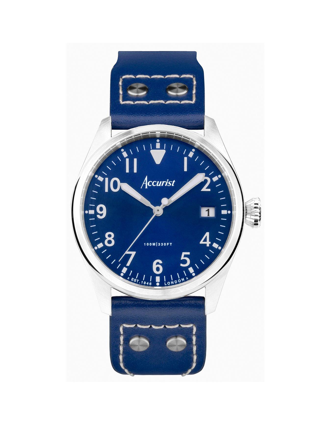 Accurist Aviation Mens Blue Leather Strap Analogue Watch Very