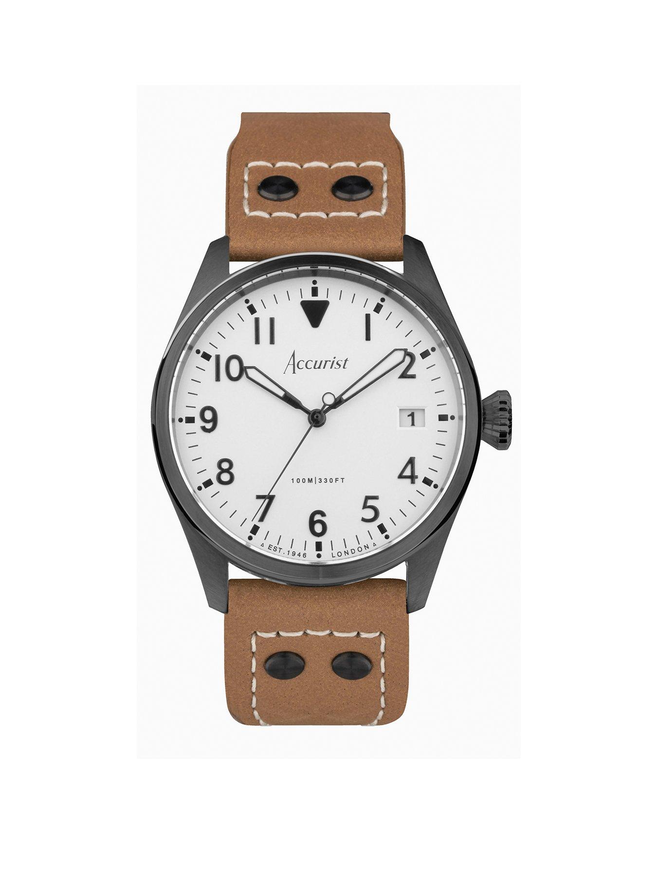 Product photograph of Accurist Aviation Mens Brown Leather Strap Analogue Watch from very.co.uk