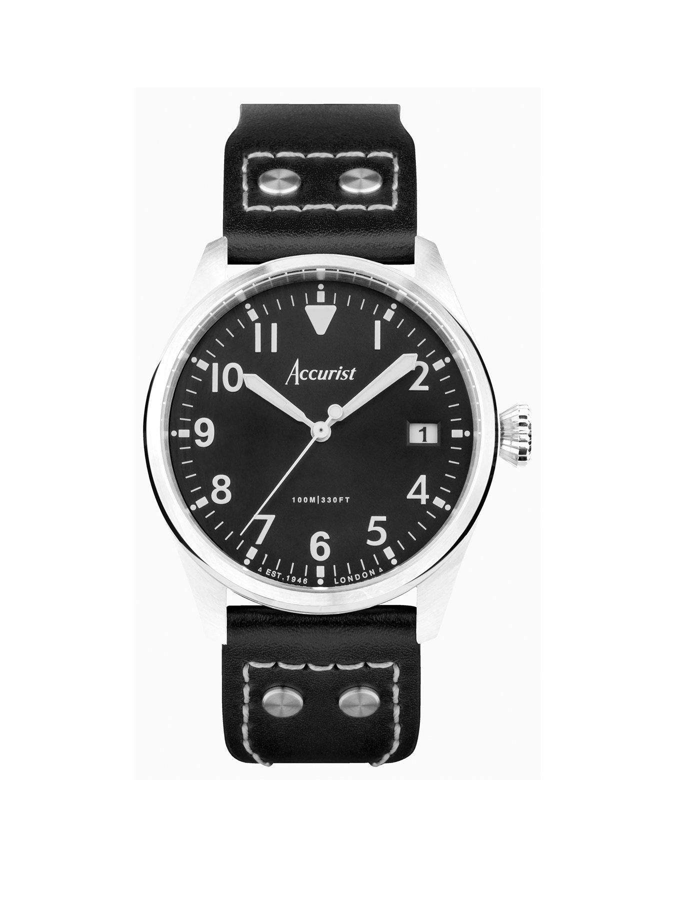 Product photograph of Accurist Aviation Mens Black Leather Strap Analogue Watch from very.co.uk