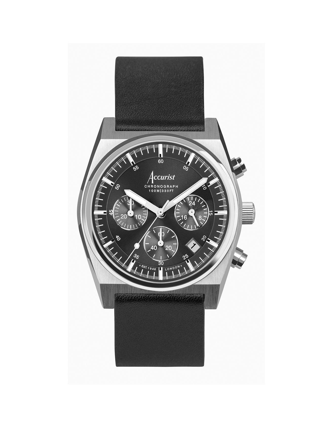 Product photograph of Accurist Origin Mens Black Leather Strap Chronograph Watch from very.co.uk