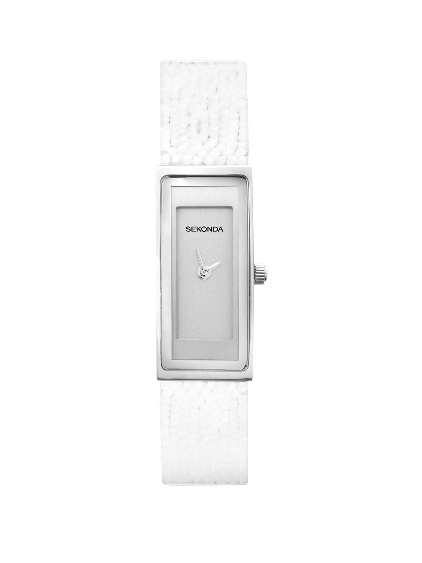 Product photograph of Sekonda Ladies Slimline Rectangle White Leather Strap With Silver Dial Watch from very.co.uk