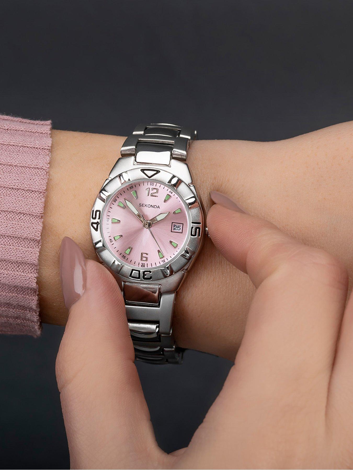 Silver watch with outlet pink face