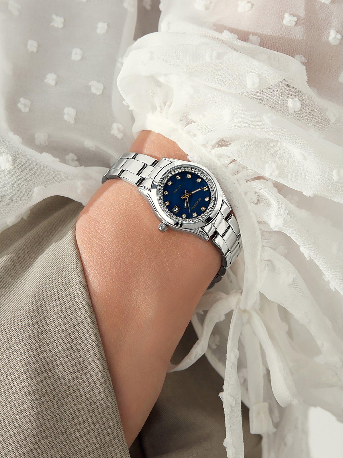 Ladies silver watch with blue face store