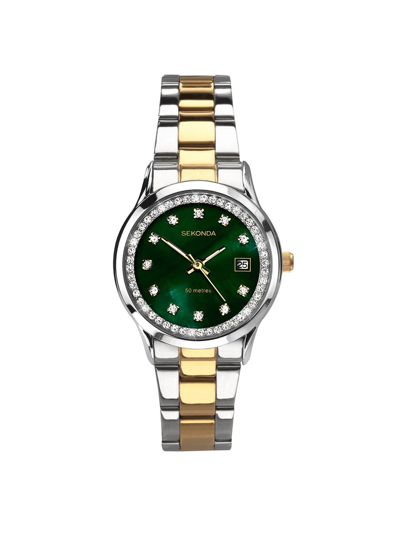 Product photograph of Sekonda Ladies Victoria Two Tone Stainless Steel Bracelet With Green Dial Watch from very.co.uk