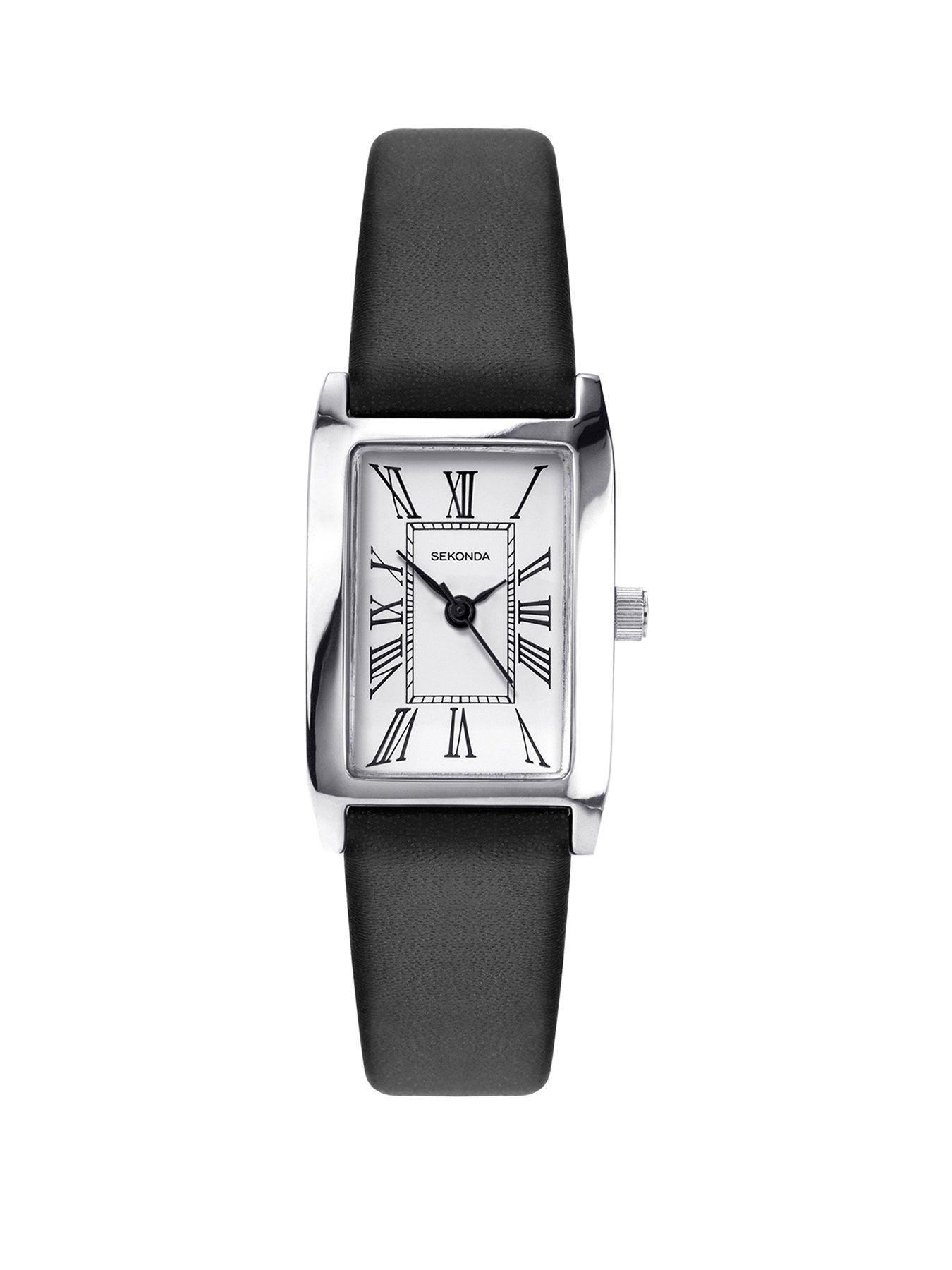 Ladies watch black strap silver online face