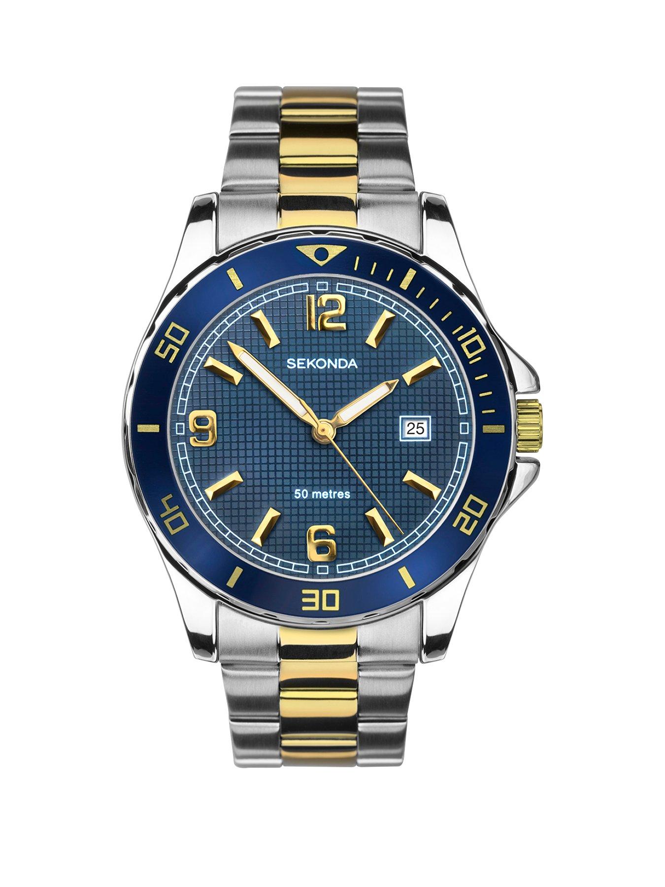 Product photograph of Sekonda Men S Two Tone Stainless Steel Bracelet With Blue Dial Watch from very.co.uk