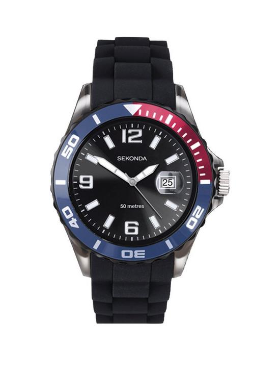 front image of sekonda-mens-black-silicone-strap-with-black-dial-watch