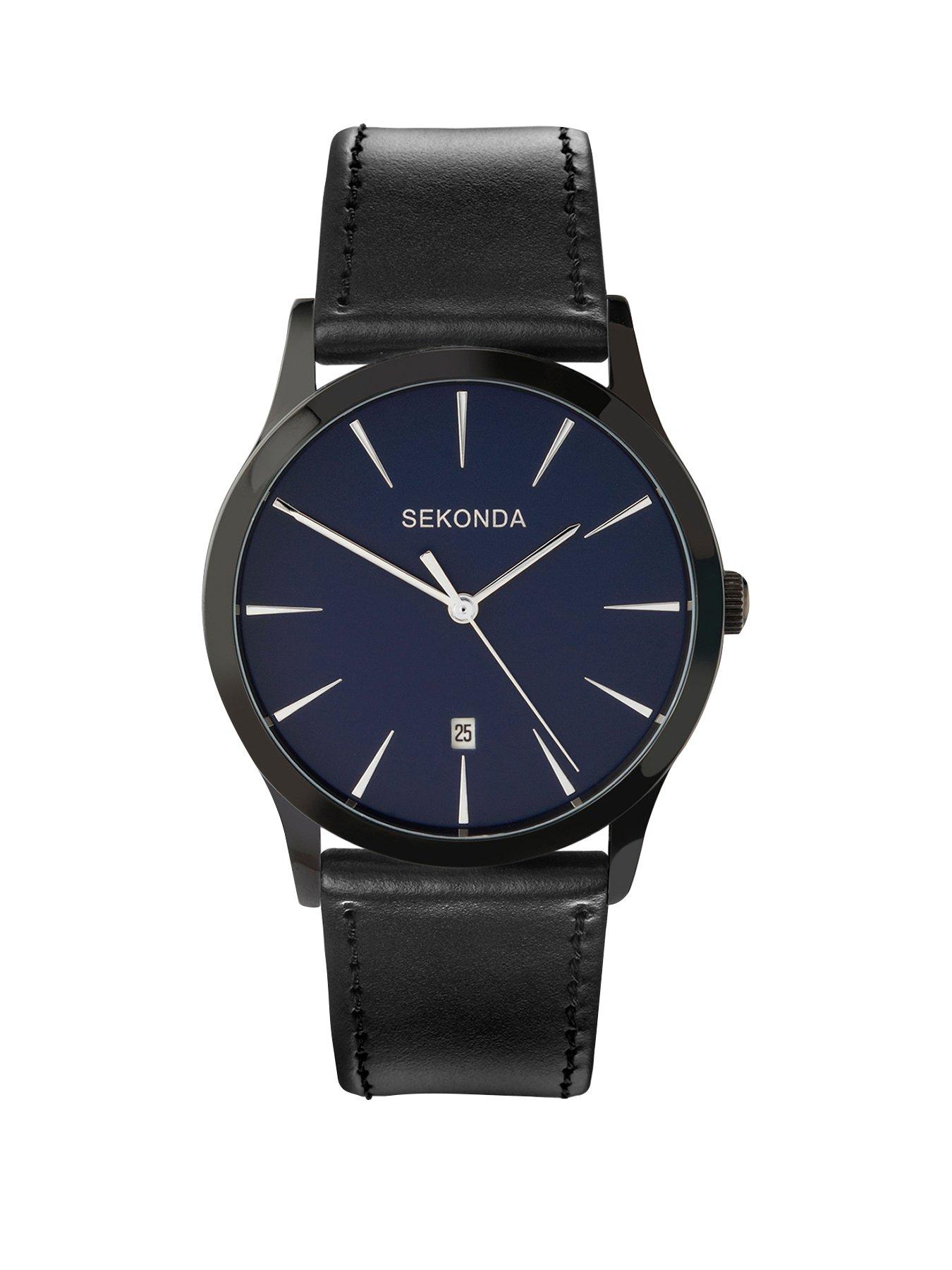 Product photograph of Sekonda Men S Oslo Black Leather Strap With Blue Dial Watch from very.co.uk