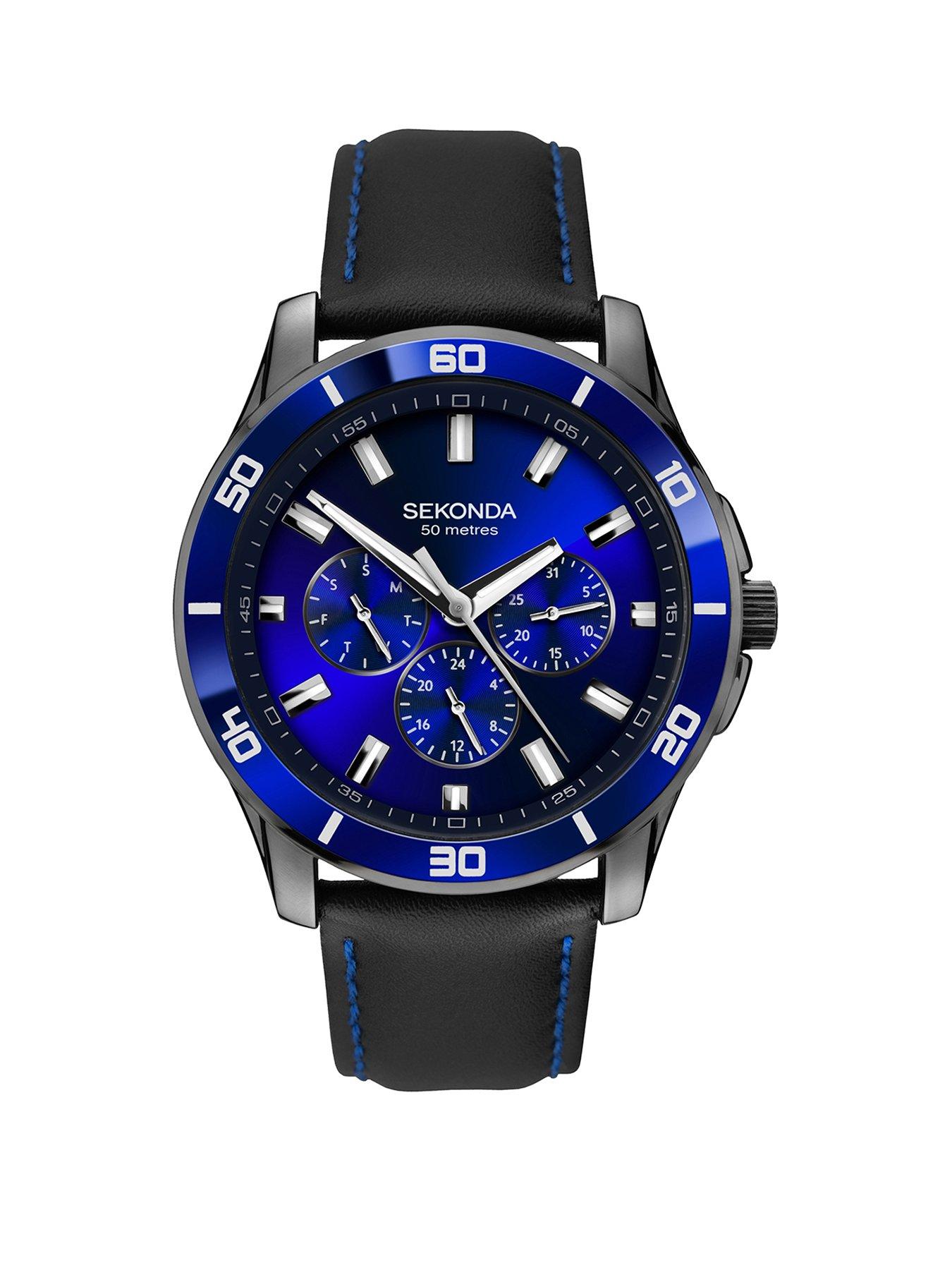 Sekonda Men's Midnight Black Leather Upper Strap with Dark Blue Dial Watch