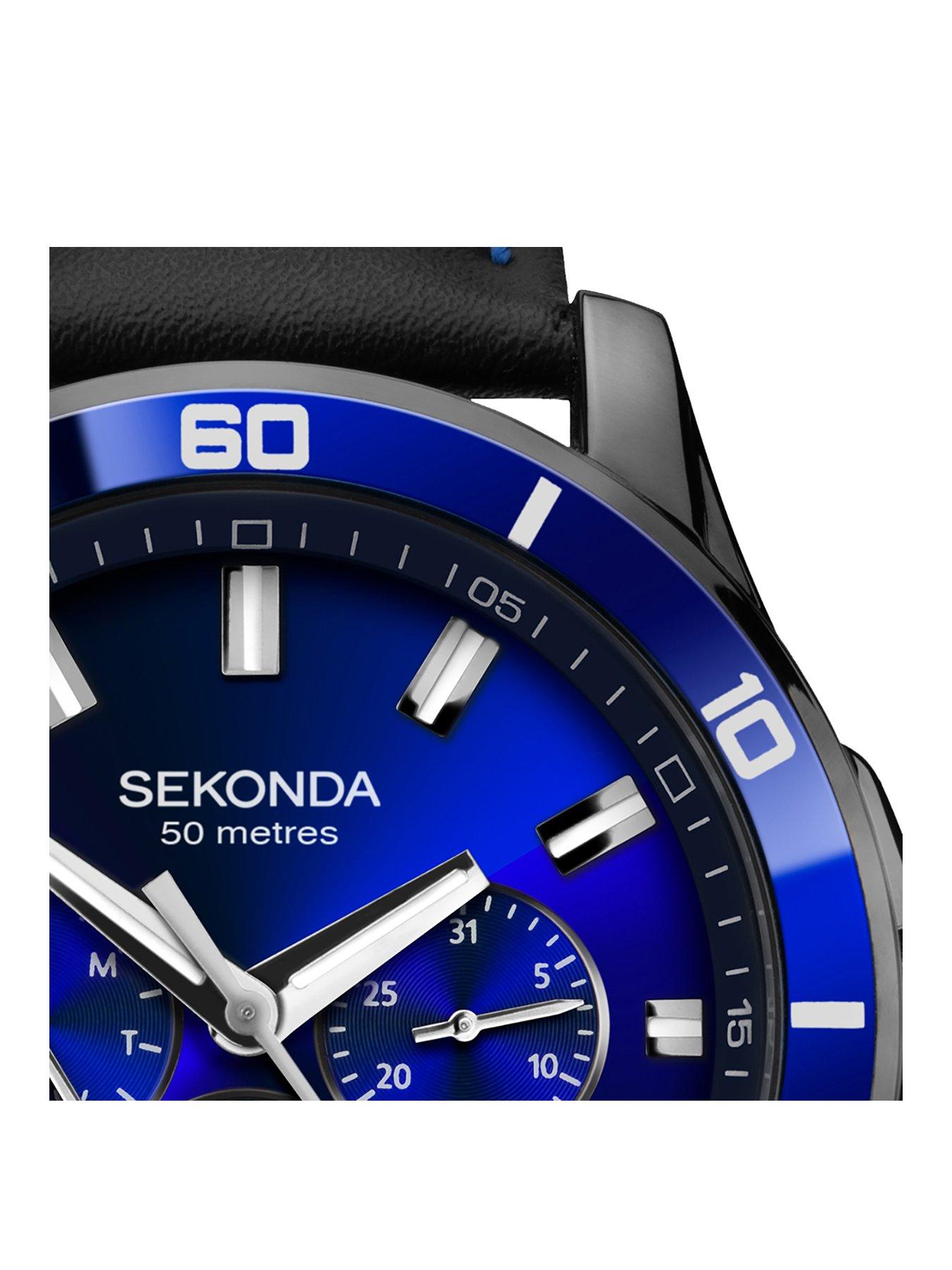 Men s Midnight Black Leather Upper Strap with Dark Blue Dial Watch