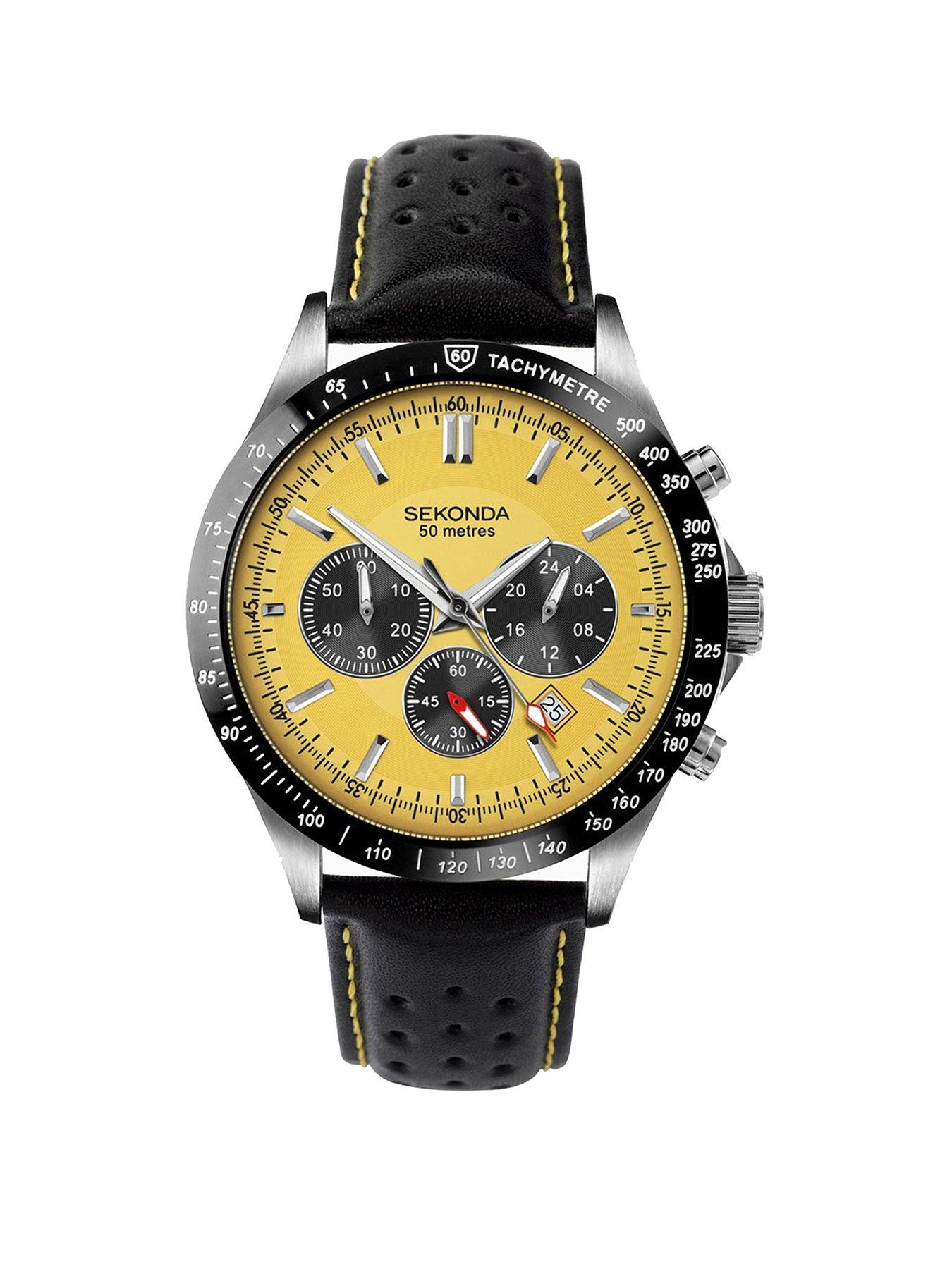 undefined Men's Velocity Black Leather Upper Strap with Yellow Dial Watch