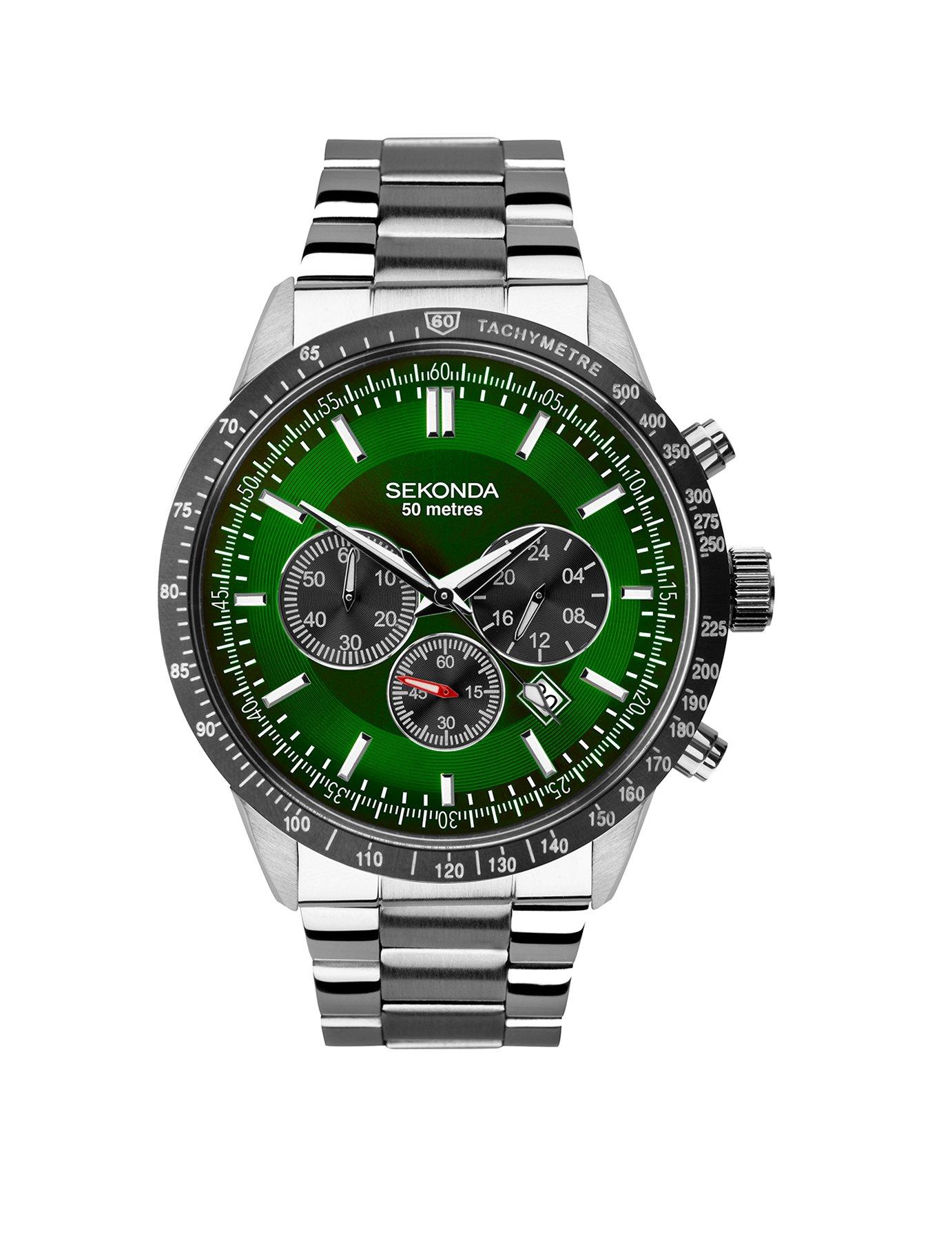 Product photograph of Sekonda Men S Velocity Silver Stainless Steel Bracelet With Green Dial Watch from very.co.uk