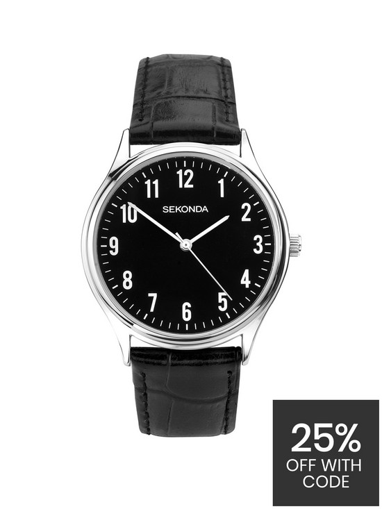 front image of sekonda-mens-easy-reader-black-leather-upper-strap-with-black-dial-watch