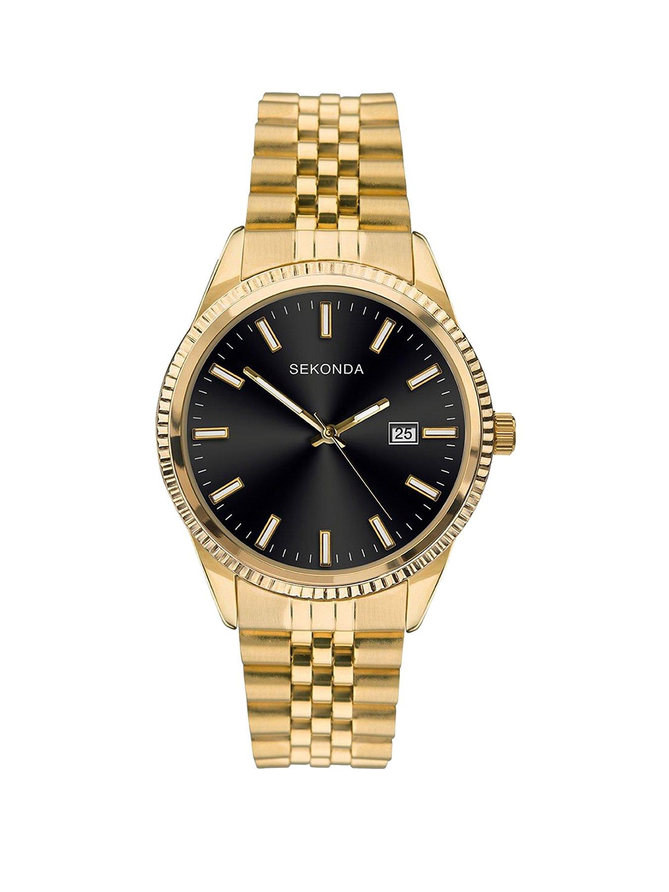 Product photograph of Sekonda Men S King Gold Stainless Steel Bracelet With Black Dial Watch from very.co.uk