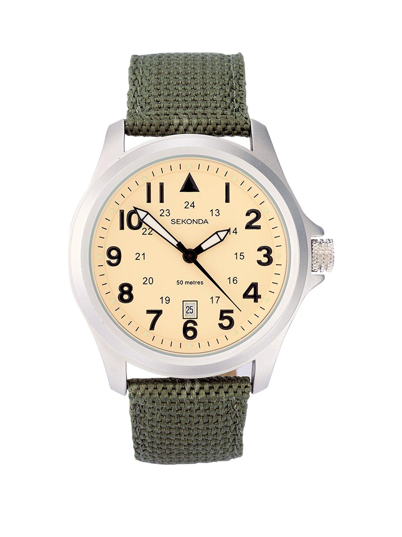 Product photograph of Sekonda Men S Wingman Green Nylon Strap With Cream Dial Watch from very.co.uk