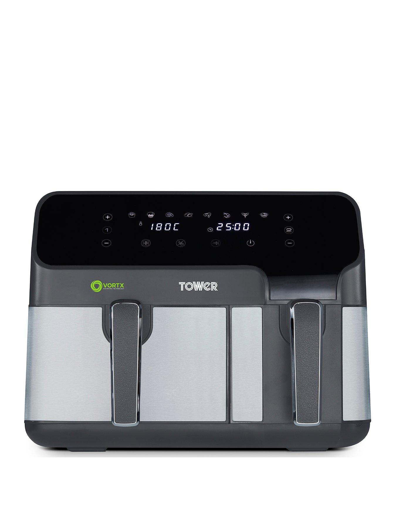 Product photograph of Tower T17099 Vortx 5 2l Amp 3 3l Eco Dual Drawer Air Fryer With 8 One-touch Pre-sets 1700w Power Black from very.co.uk