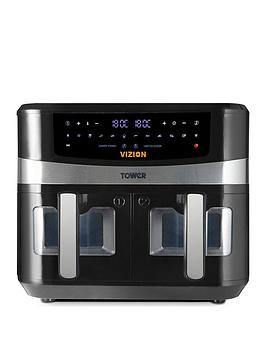 Tower T17100, Vortx Vizion 9L Dual Basket Air Fryer With Digital Control Panel  10 One-Touch Pre-Sets, Black