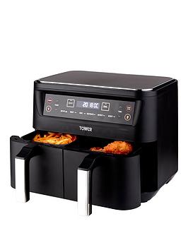 Product photograph of Tower Vortx Dual Basket Air Fryer 8l - Black from very.co.uk