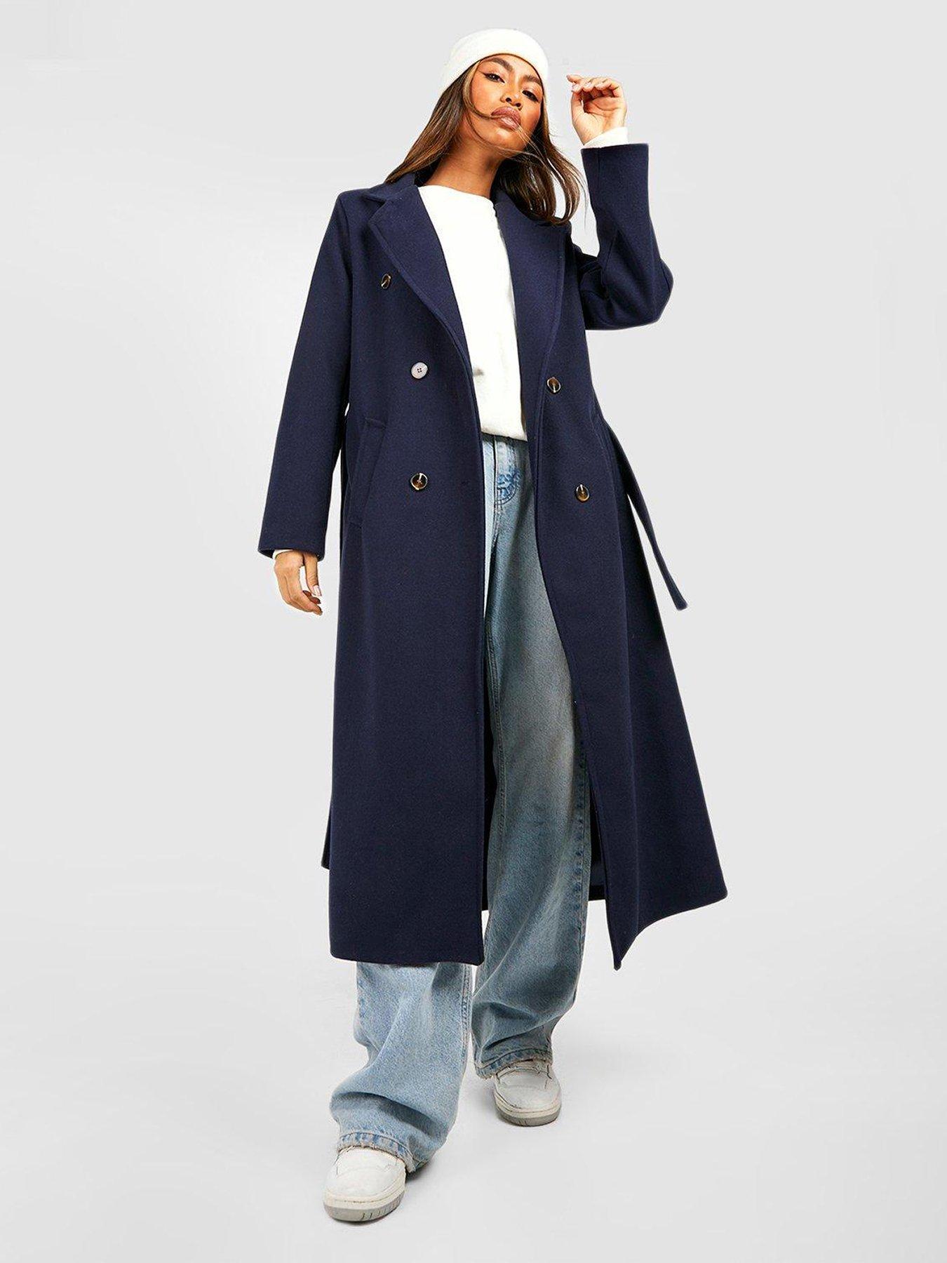 Boohoo Longline Double Breasted Belted Coat Navy