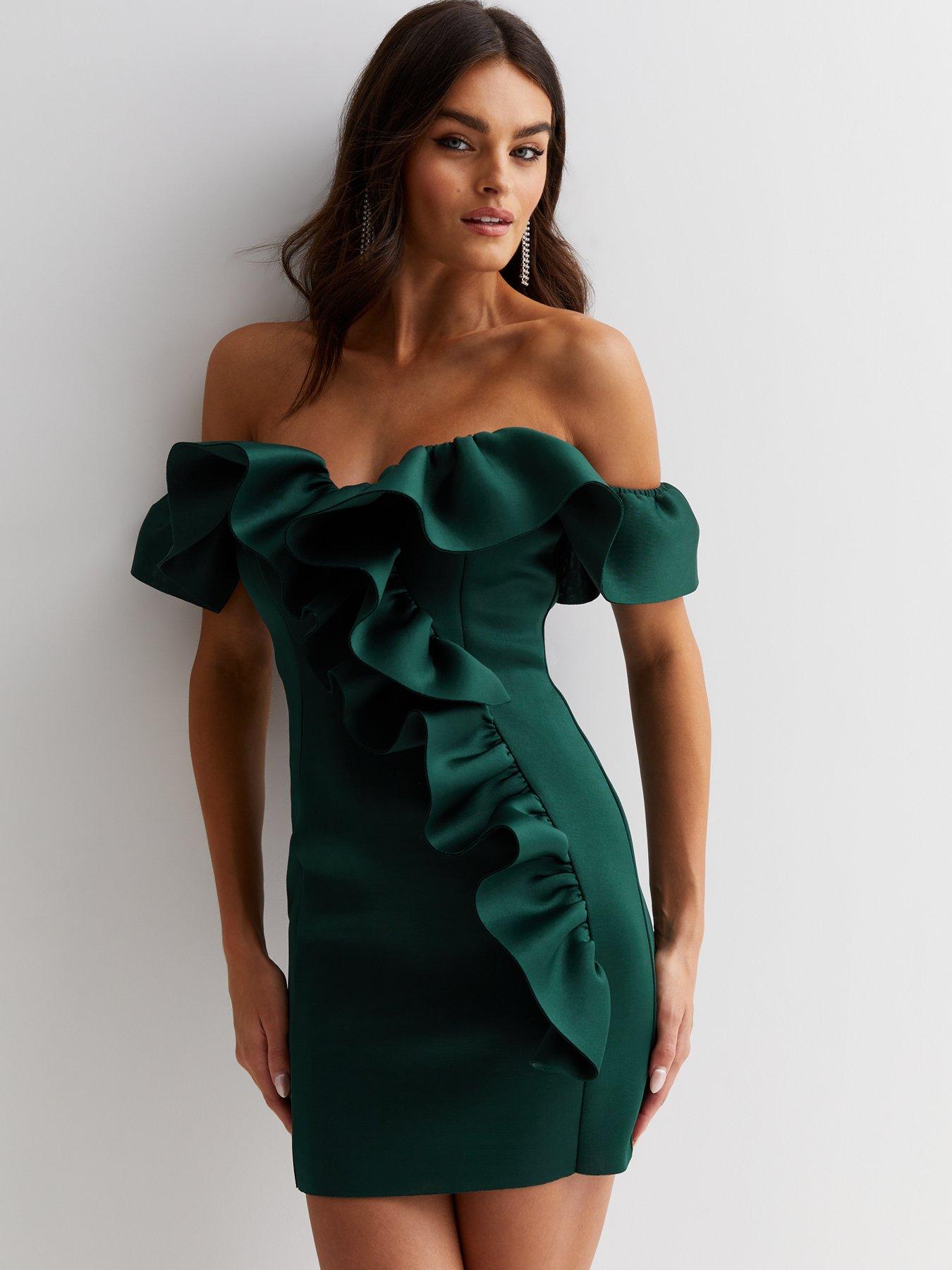 New Look Dark Green Scuba Ruffle Mini Bodycon Dress Very