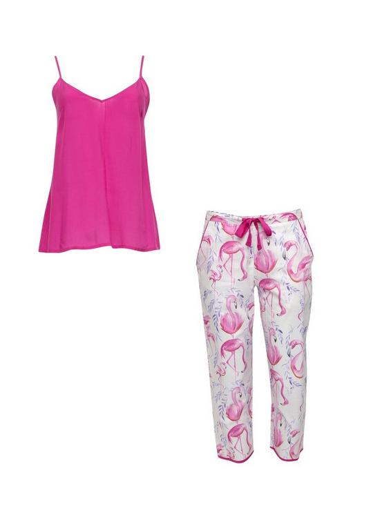front image of cyberjammies-fifi-white-flamingo-print-pants-and-cami