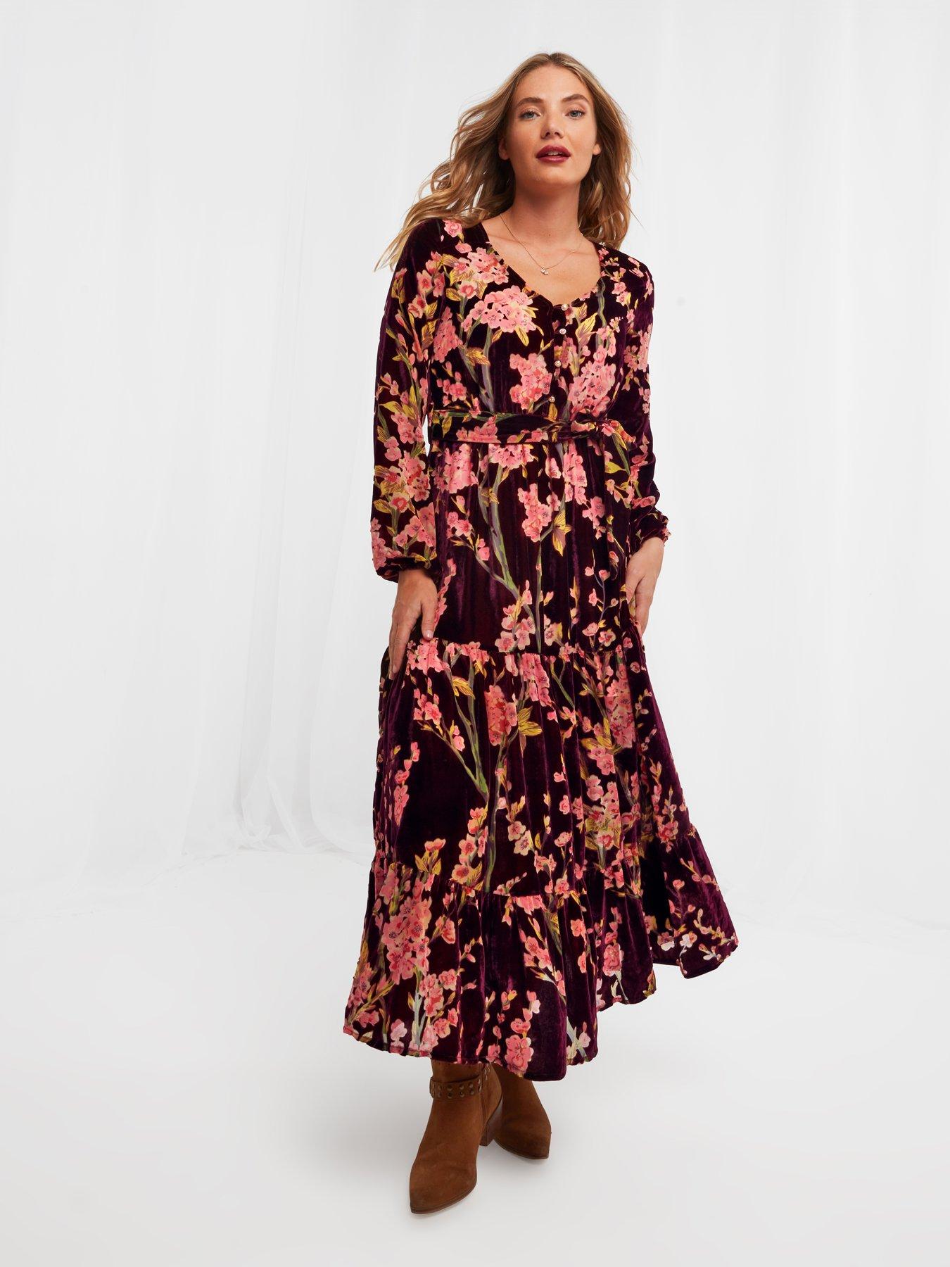 Joe Browns Floral Long Sleeve Midi Dress Red Uk